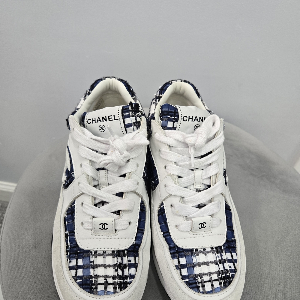 CHANEL White and Navy Tweed Athletic Sneakers